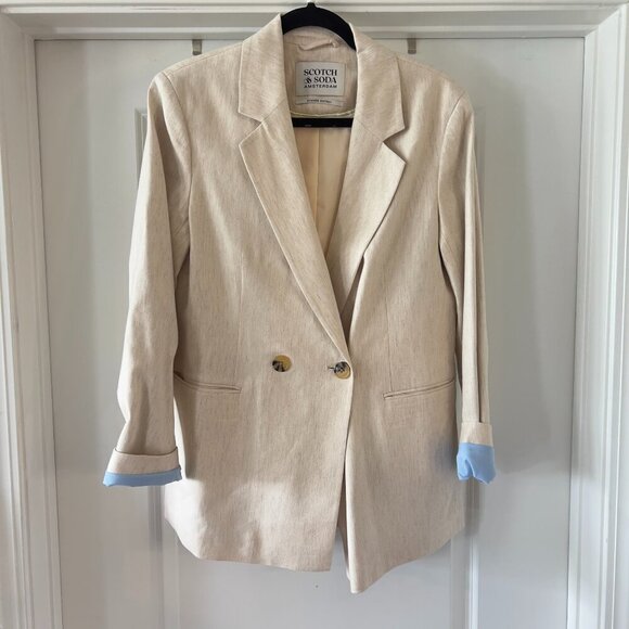 485 Scotch & Soda Amsterdam Summer Edition Linen Blazer M Double Breasted Sand - Picture 1 of 5